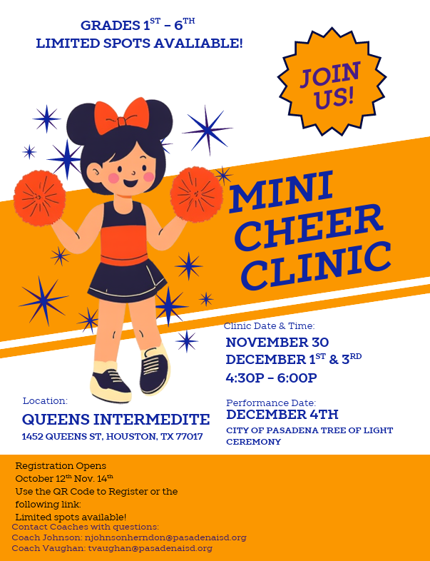 A promotional flyer for a mini cheer clinic for grades 1st to 6th, featuring a smiling cartoon cheerleader with orange pom-poms.