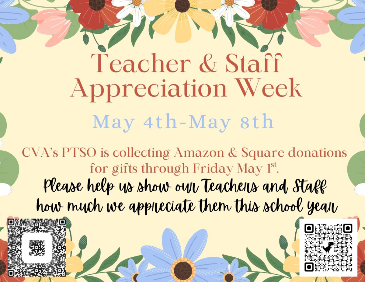 Teacher and Staff Appreciation Week is May 4-8.  The PTSO is collecting Amazon and Square donations.  The links are below.