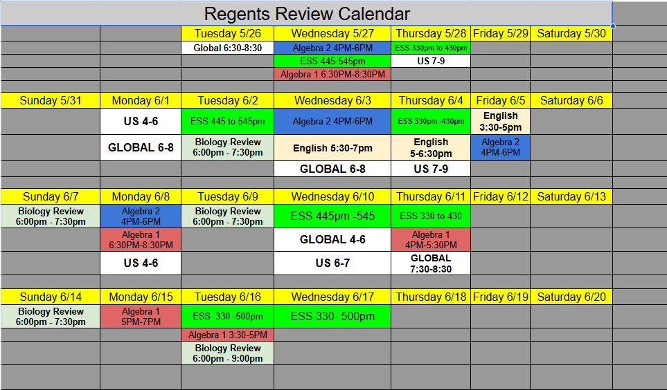 Regents Review Schedule