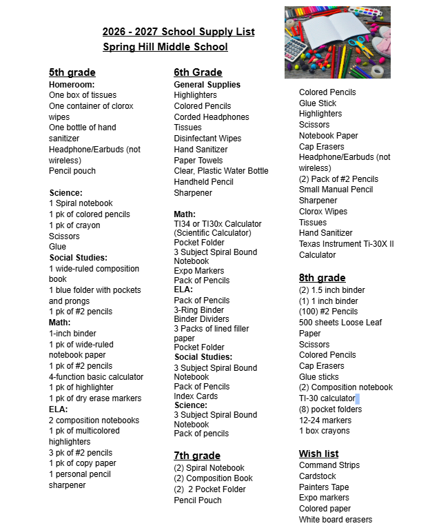 2026 - 2027 School Supply List