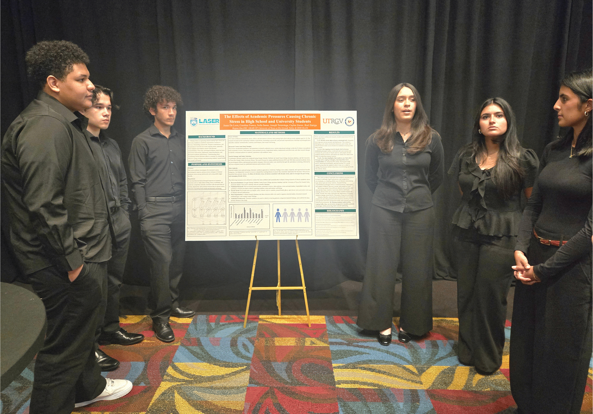 Six students stand proudly beside a research poster titled The Effects of Academic Pressures Causing Chronic Stress in High School and University Students.