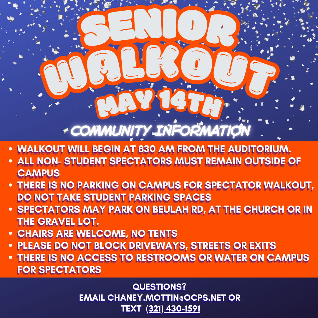 Poster announcing a Senior Walkout on May 14th with community information.
