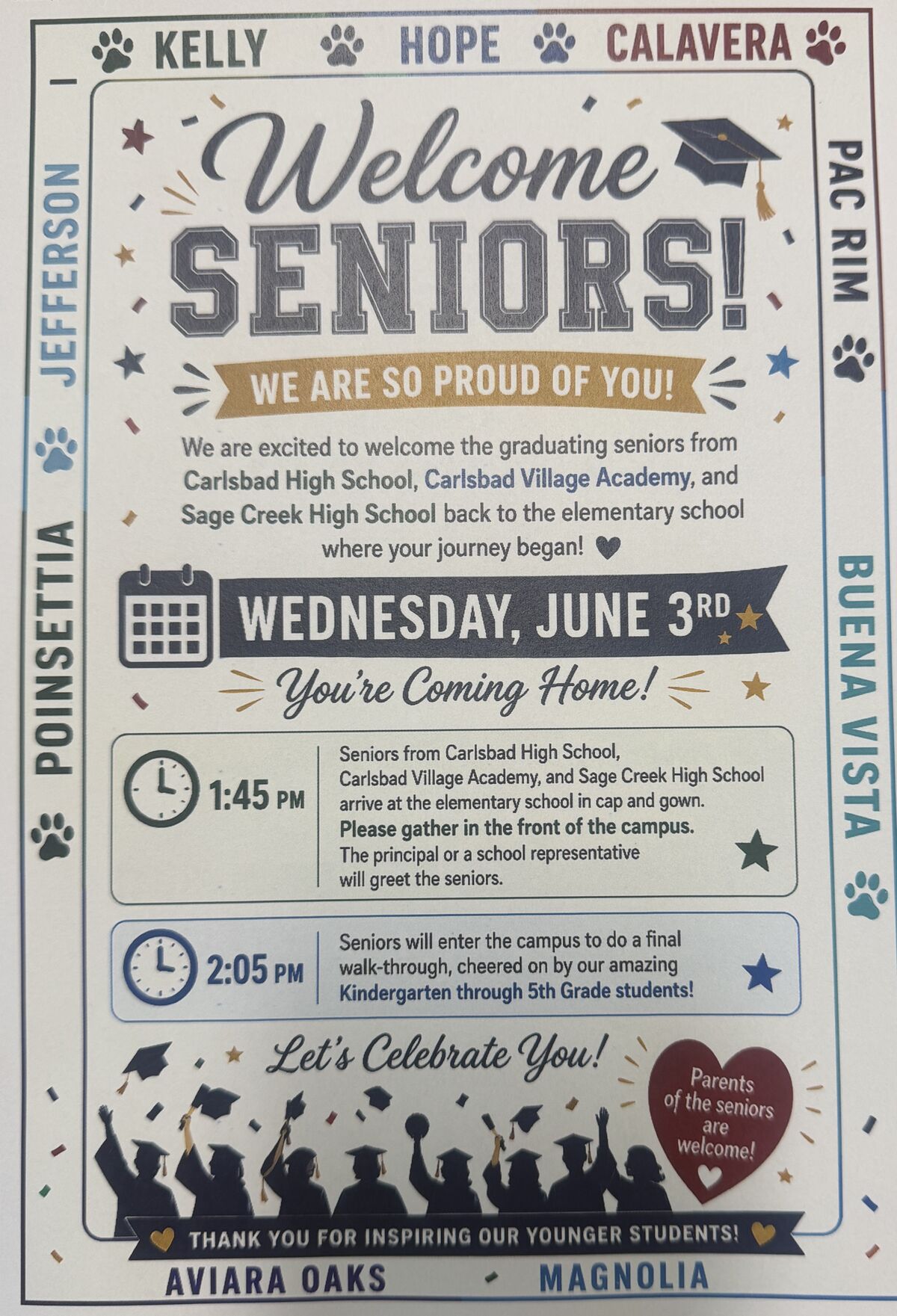 A flyer announces a "Welcome Seniors!" event on Wednesday, June 3rd, celebrating graduating seniors from Carlsbad High School and other local schools.