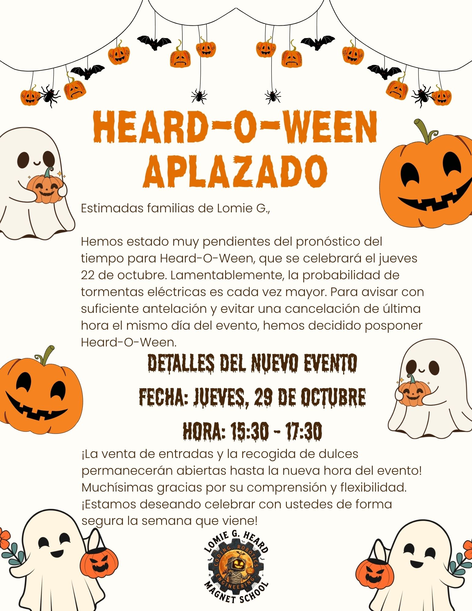 A Halloween-themed school flyer in Spanish announces the postponement of the Heard-O-Ween event to October 29 due to weather forecasts.
