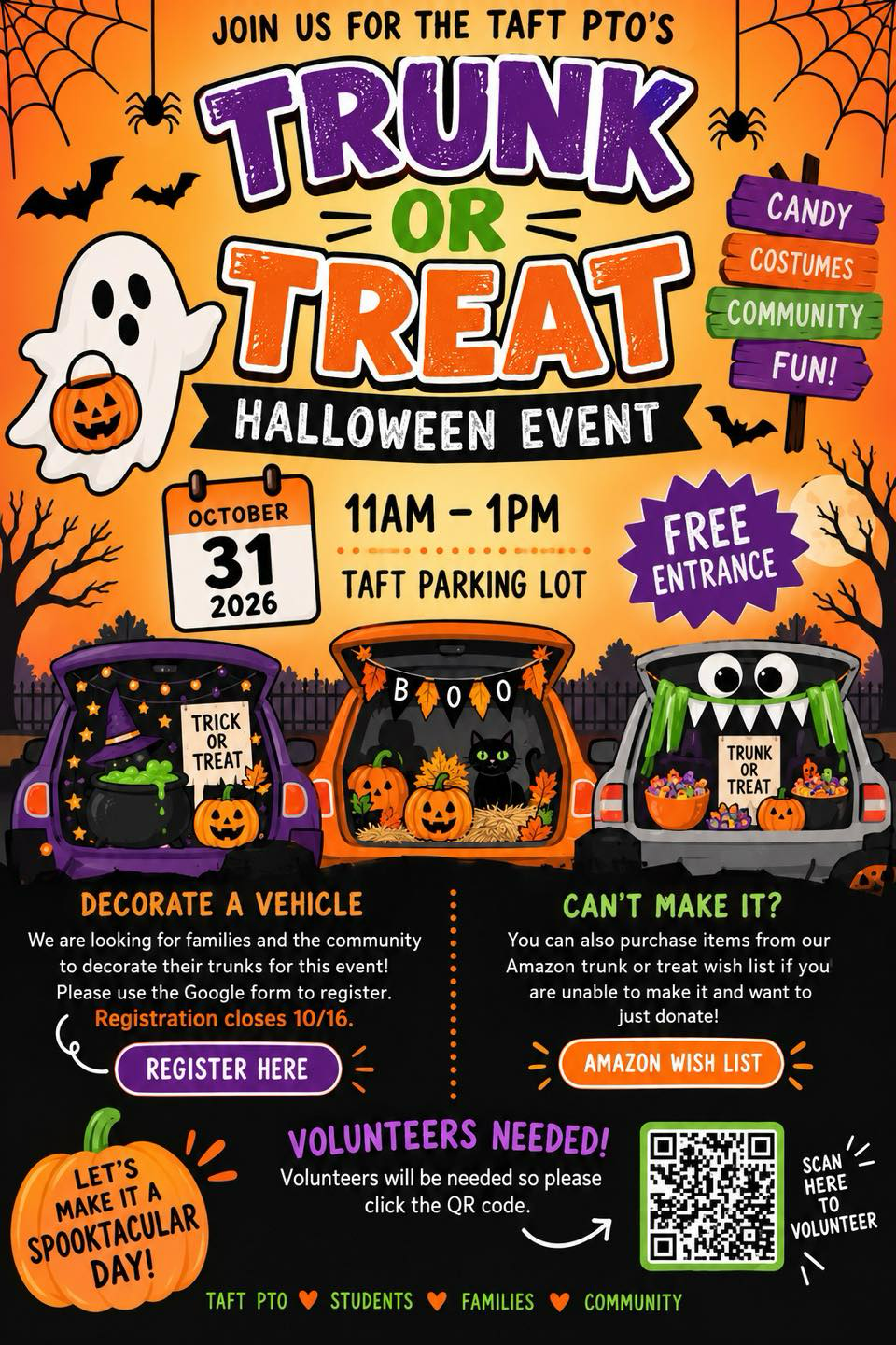 A colorful flyer for a Taft PTO Trunk or Treat Halloween event on October 31, 2026, featuring decorated car trunks, a friendly ghost, and details on how to register, donate, or volunteer.