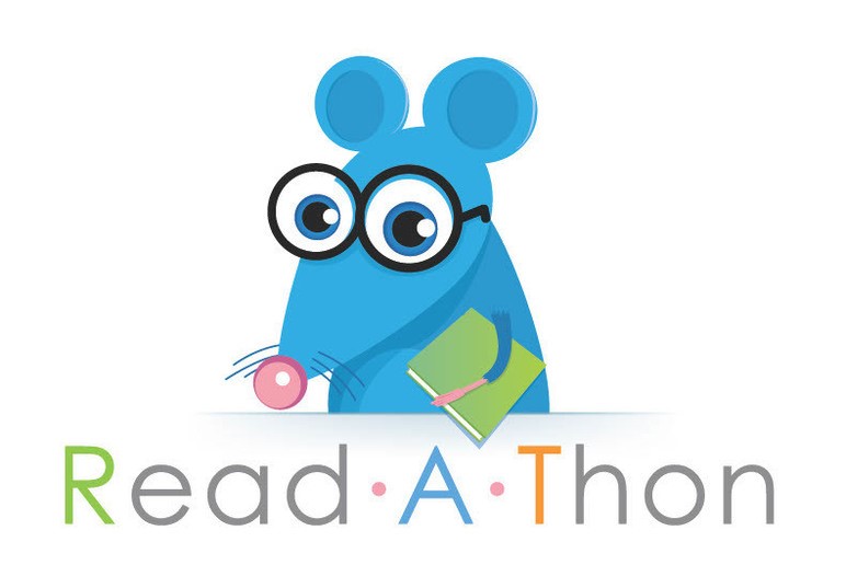 A blue cartoon mouse wearing glasses holds a book and a pink ball, with "Read-A-Thon" text below.