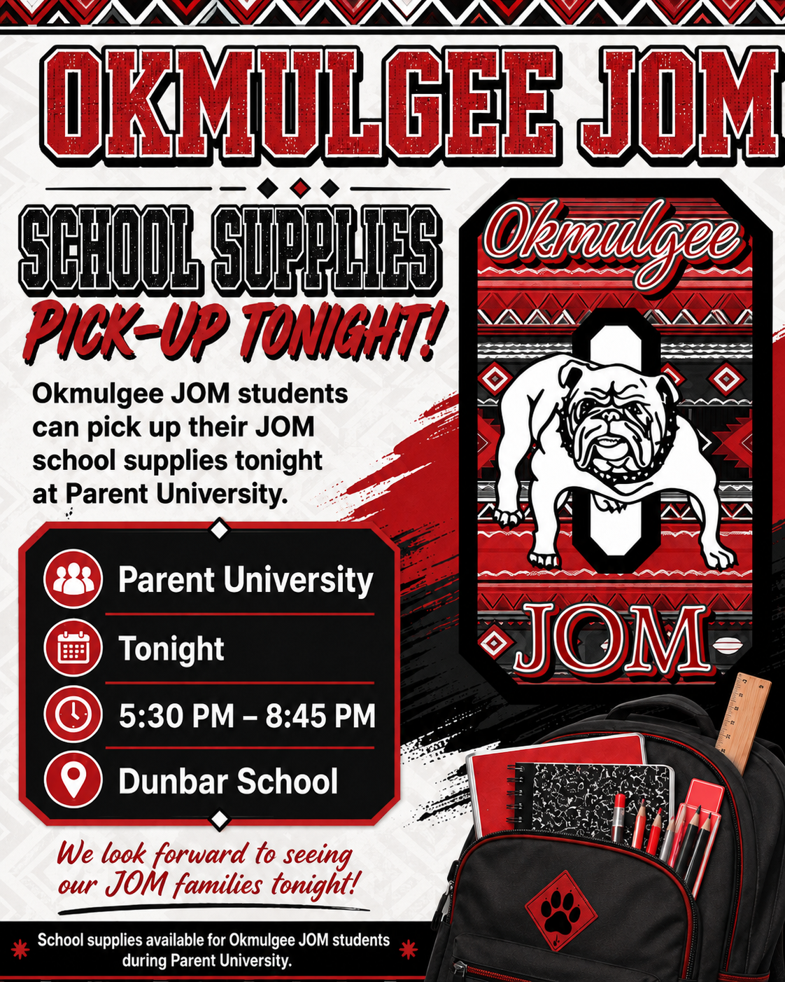 JOM School Supplies Available Tonight at Parent University