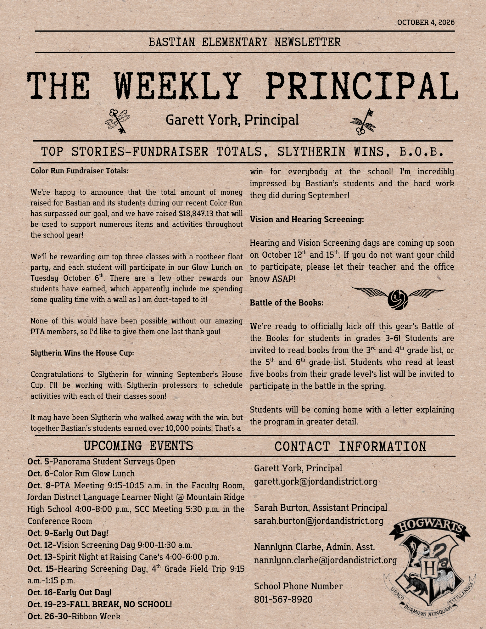 Family Newsletter October 4, 2026