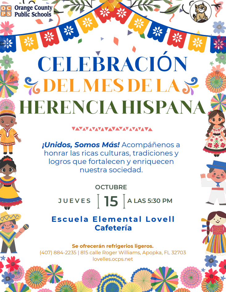 A colorful flyer announcing a Hispanic Heritage Month celebration at Lovell Elementary School on Thursday, October 15 at 5:30 PM.