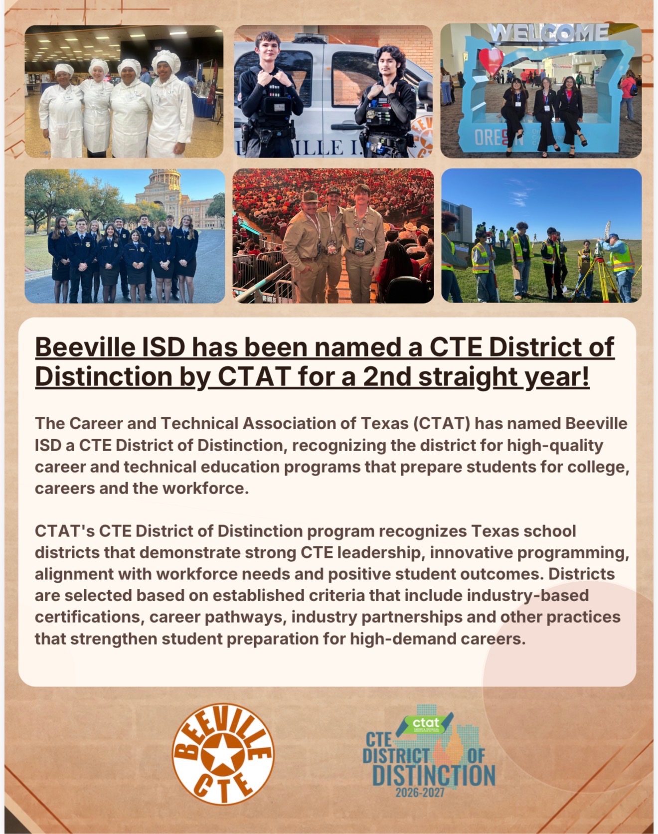 Beeville ISD Earns Back-to-Back CTE District of Distinction Honors from CTAT