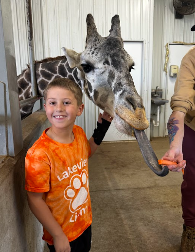 A smiling boy wearing an orange tie-dye shirt labeled 'Lakeview Lions' stands next to a giraffe stretching its long tongue toward a carrot.