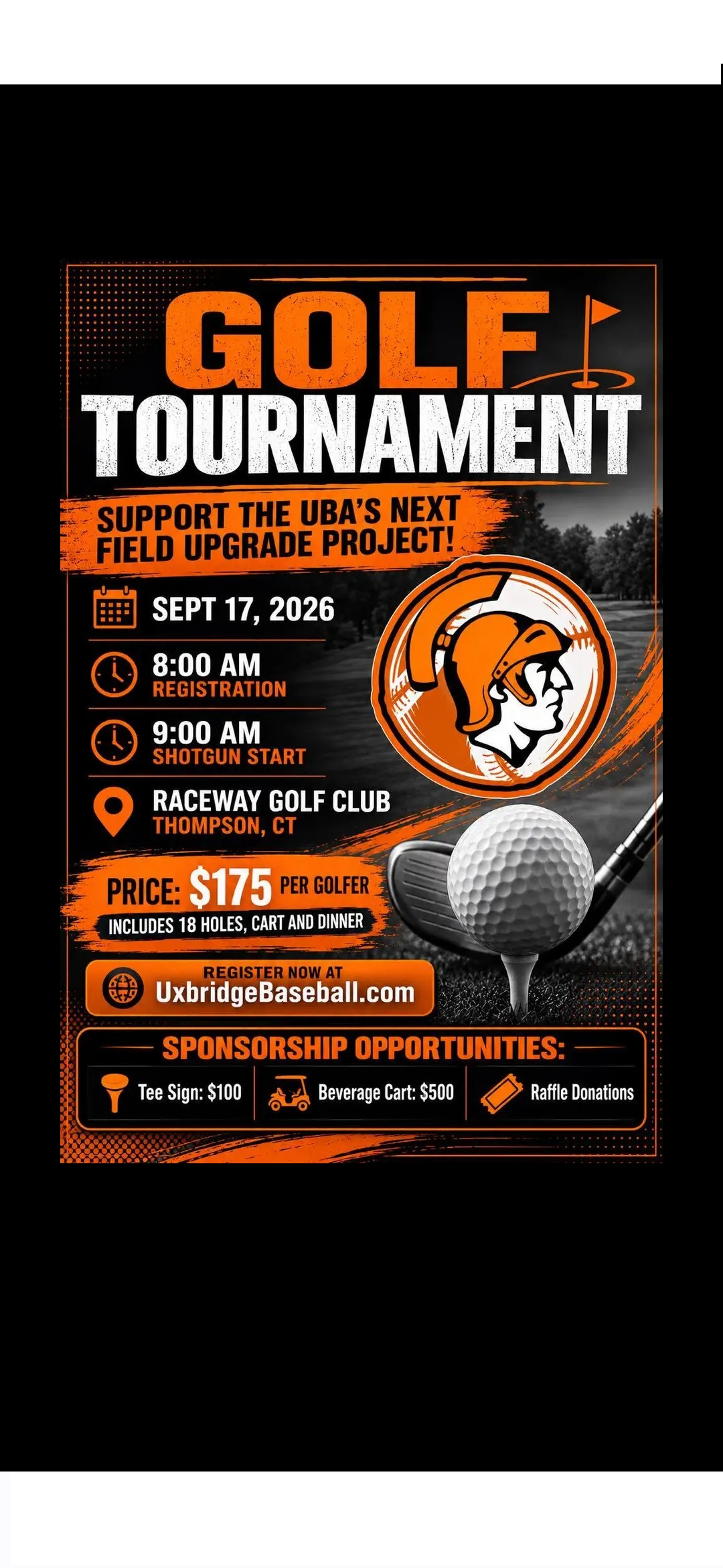 A flyer for a golf tournament on Sept 17, 2026, at Raceway Golf Club, supporting the UBA's next field upgrade project.