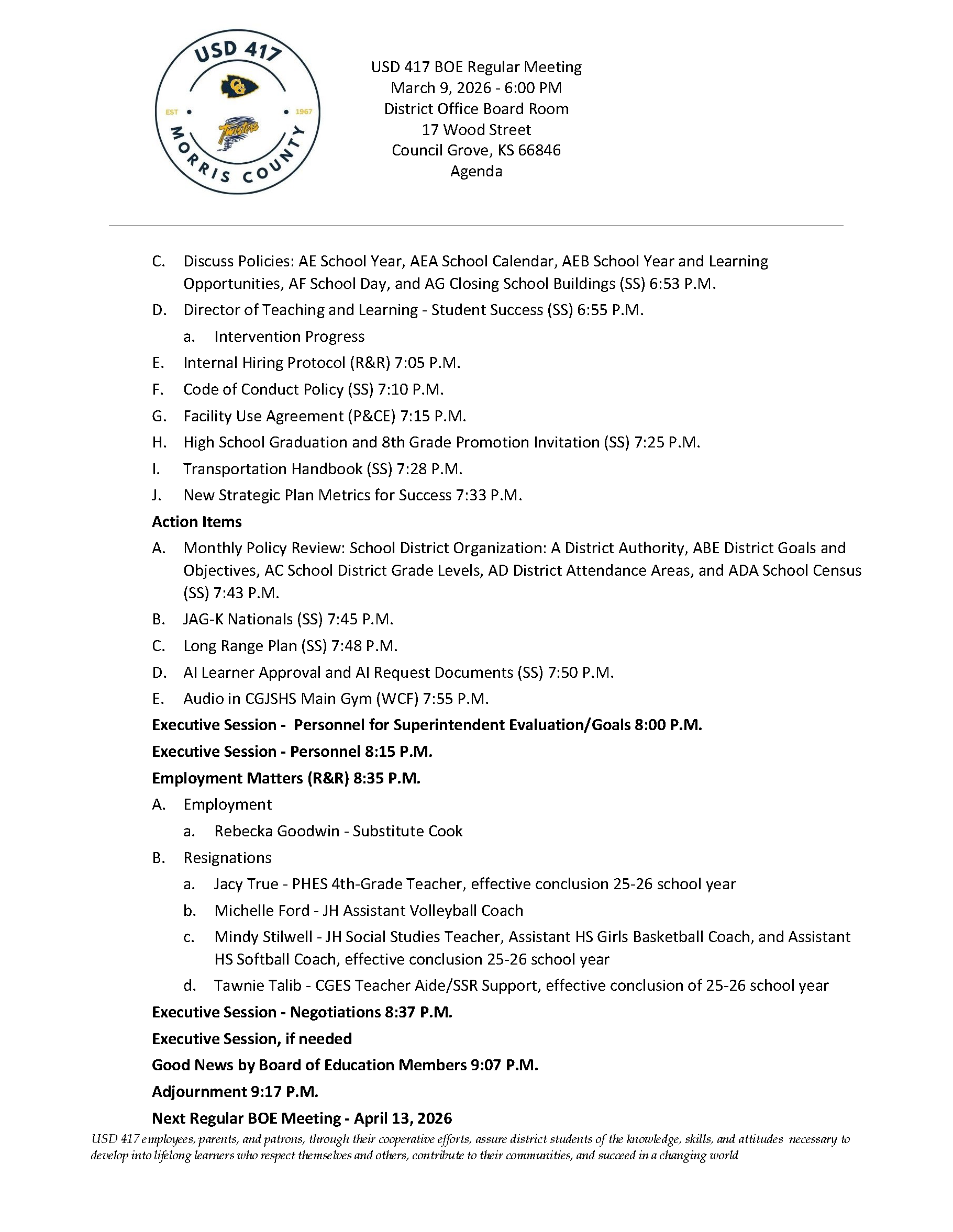 Agenda for the USD 417 BOE Regular Meeting on March 9, 2026, at 6:00 PM.