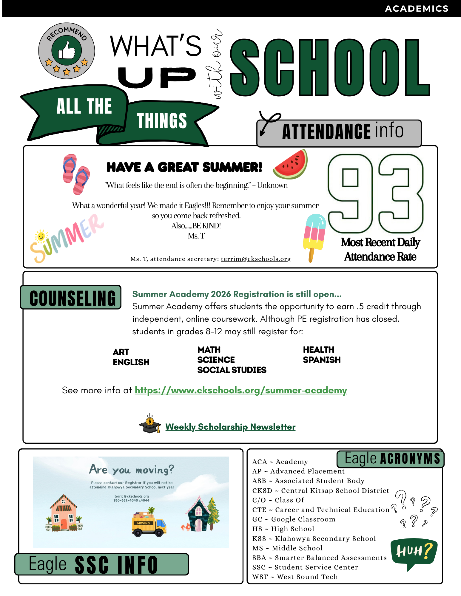 A school newsletter titled 'What's Up With Our School' features summer greetings, attendance information, and counseling details.