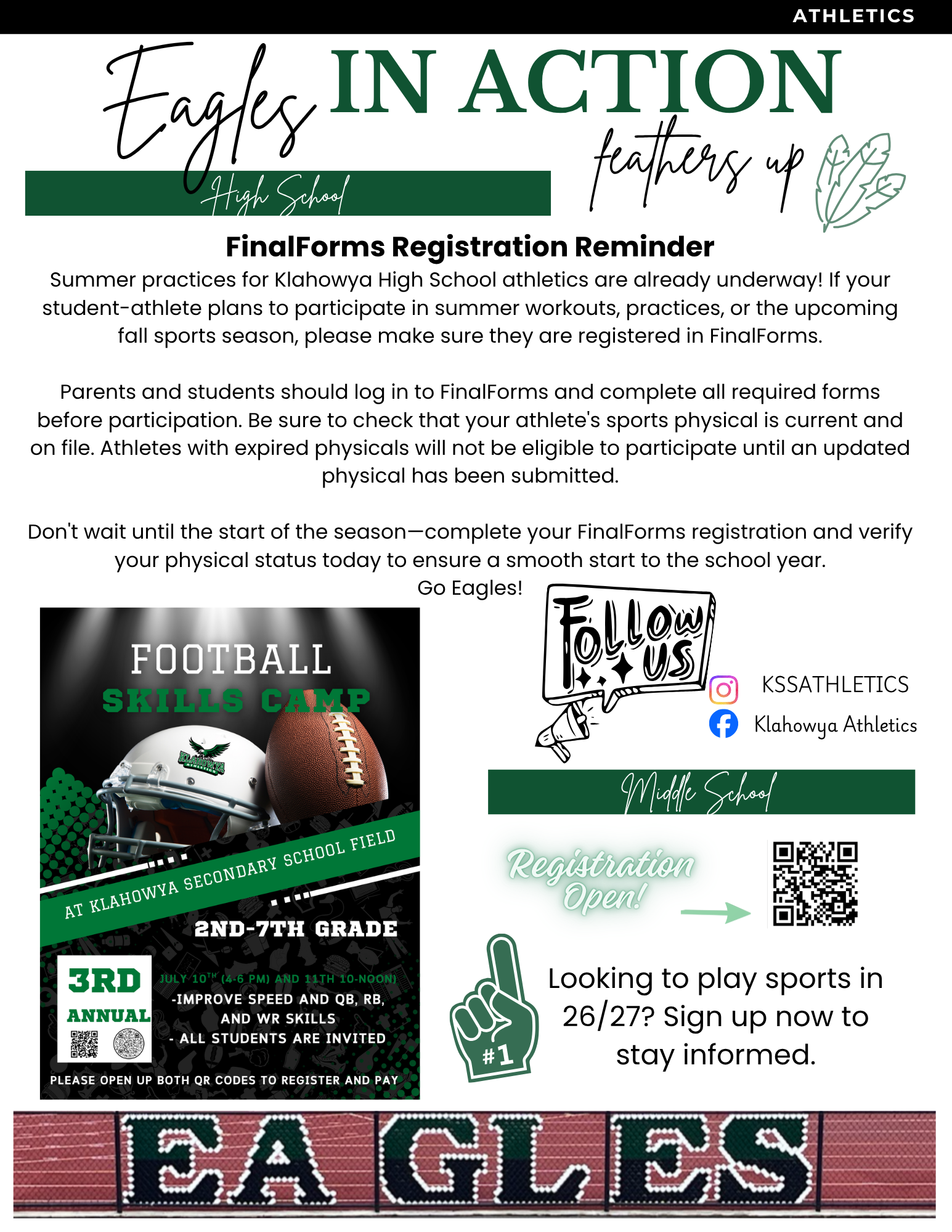 Klahowya High School Eagles Athletics registration reminder for summer practices and fall sports.