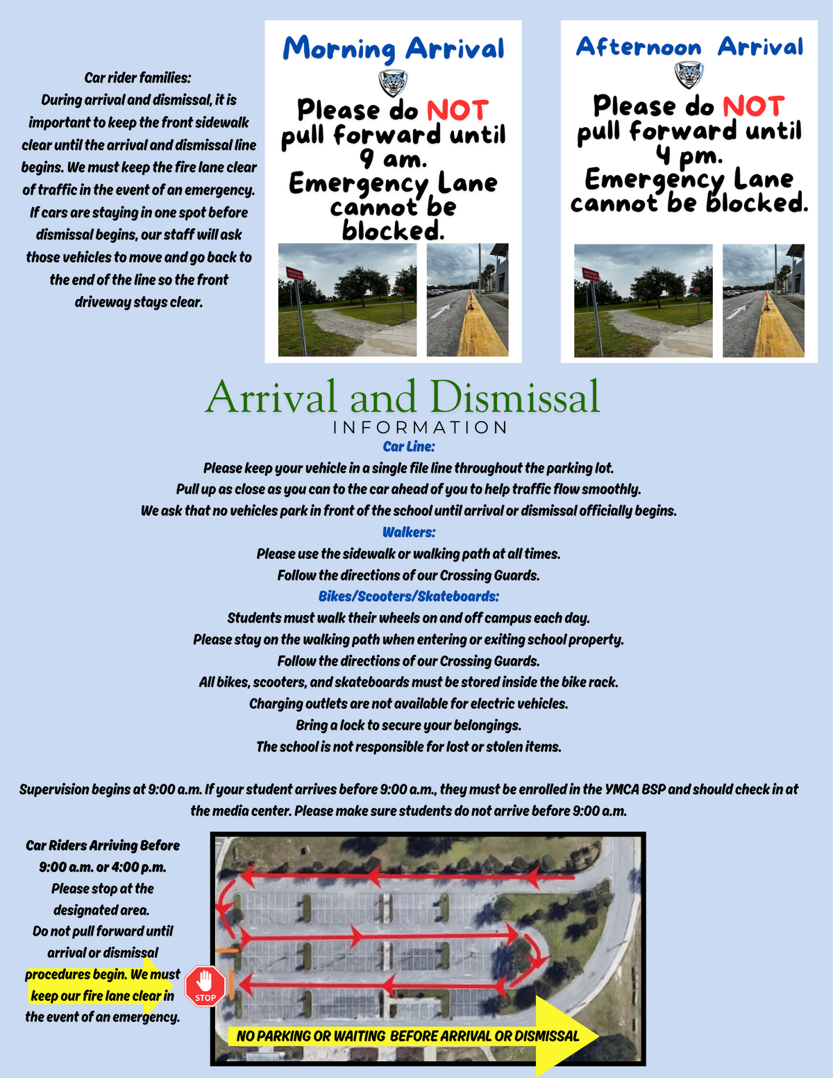 A school document detailing arrival and dismissal procedures, including rules for car lines, walkers, and bikes/scooters/skateboards.