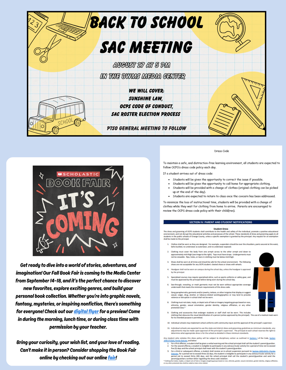 Poster announcing a 'Back to School SAC Meeting' on August 27 at 5 PM in the BWMS Media Center, detailing topics like Sunshine Law and OCPS Code of Conduct.