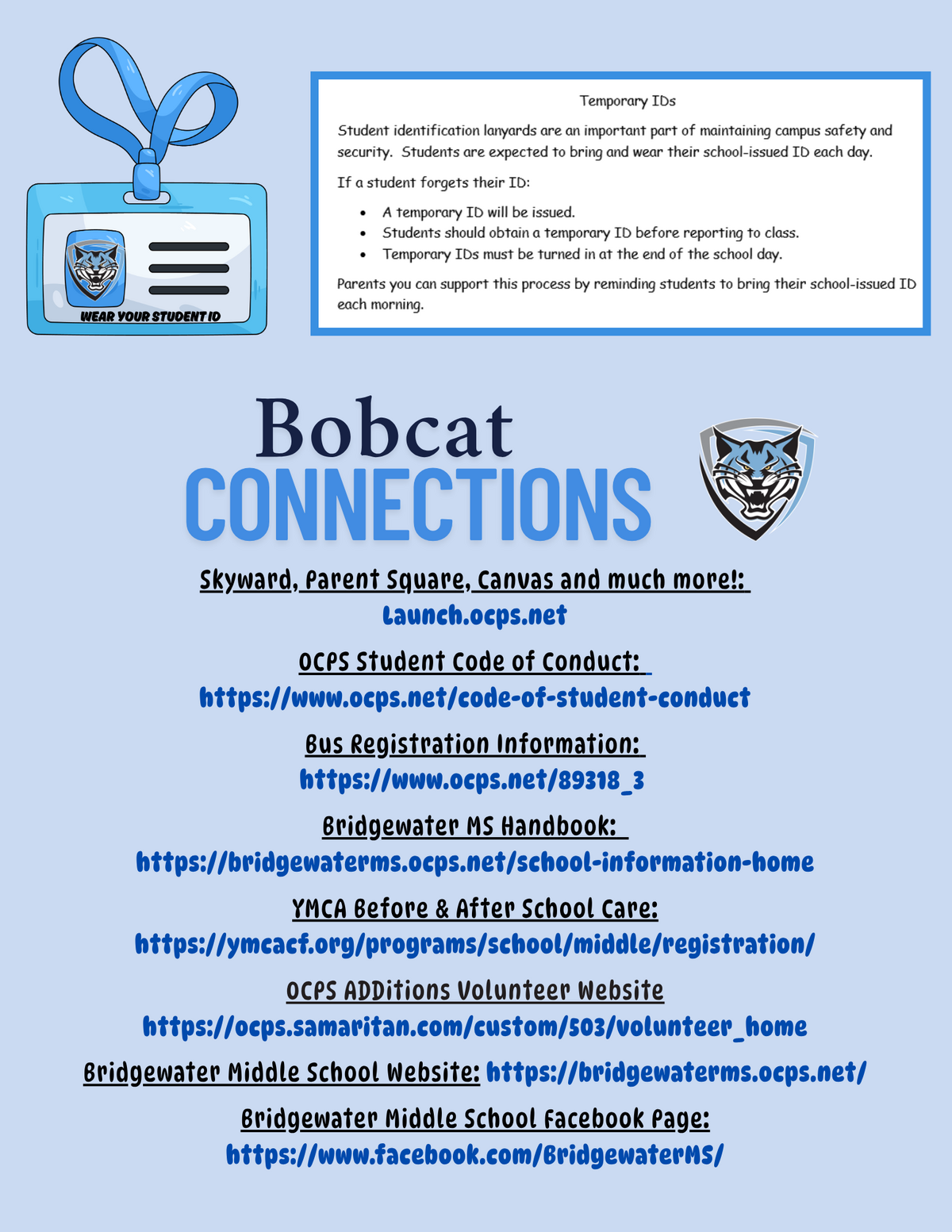 Illustration of a blue student ID card with a bobcat logo and the text 'WEAR YOUR STUDENT ID'.