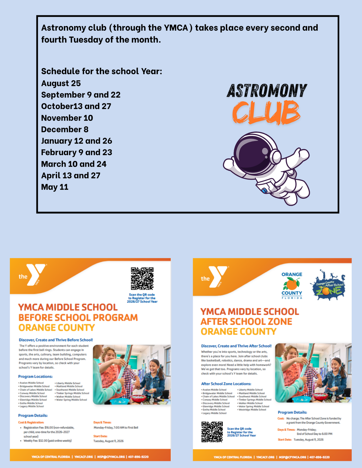 An illustration of an astronaut floating in space next to text about an Astronomy Club schedule.