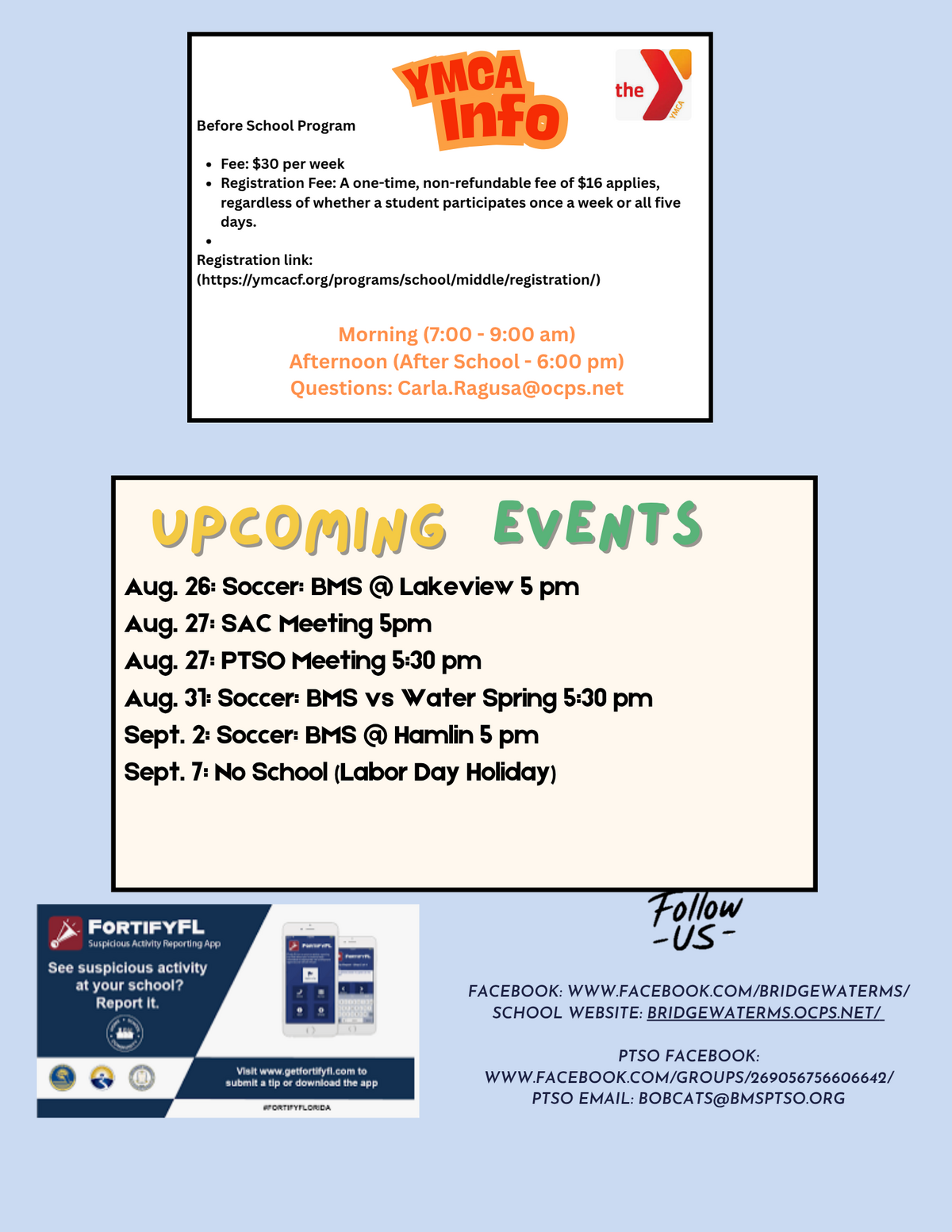 Information about YMCA Before School Program, including fees, registration link, and contact details.