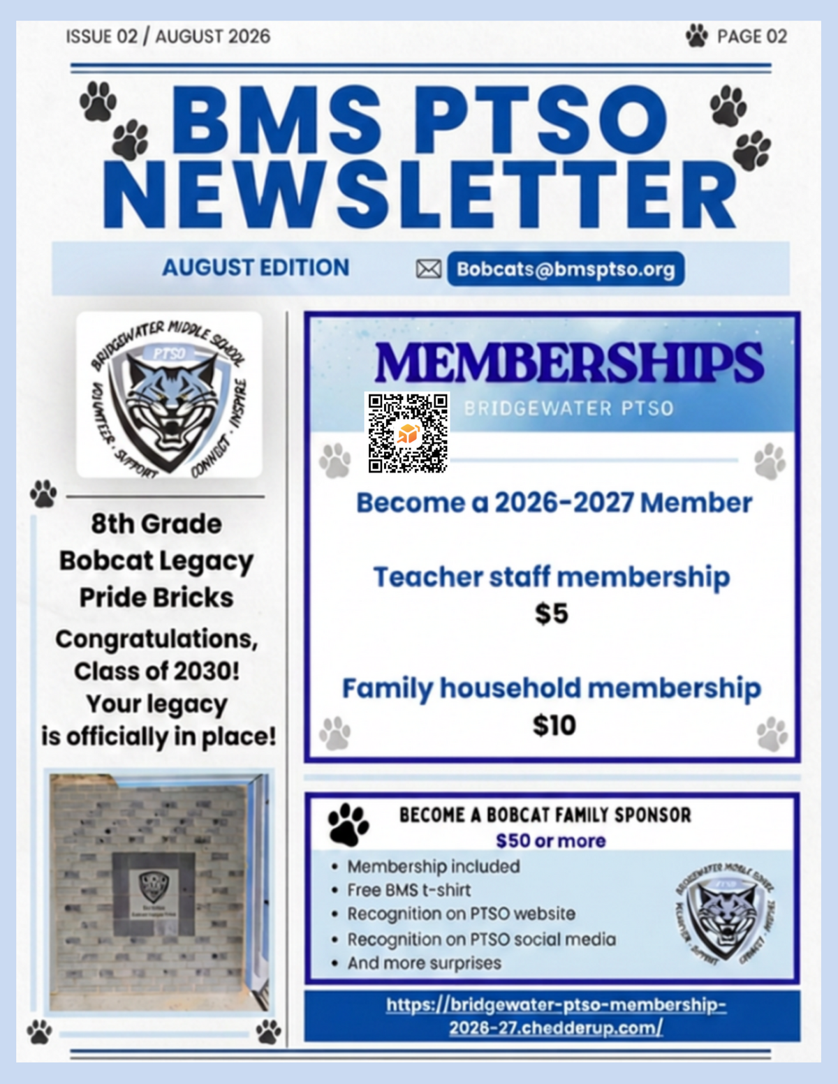 BMS PTSO Newsletter, August Edition, featuring membership information and 8th Grade Bobcat Legacy Pride Bricks.