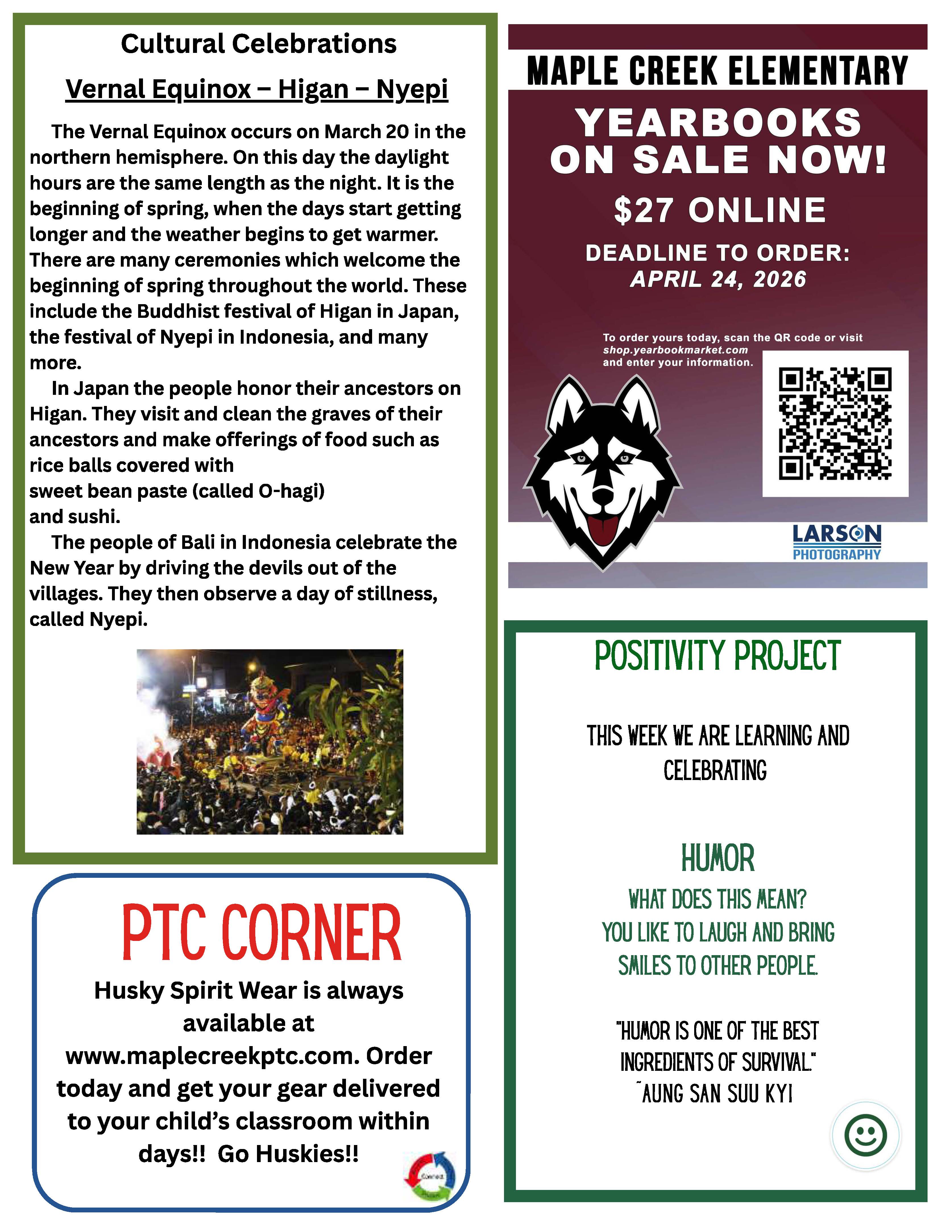 A flyer with sections on Cultural Celebrations, Maple Creek Elementary Yearbooks, PTC Corner, and Positivity Project.
