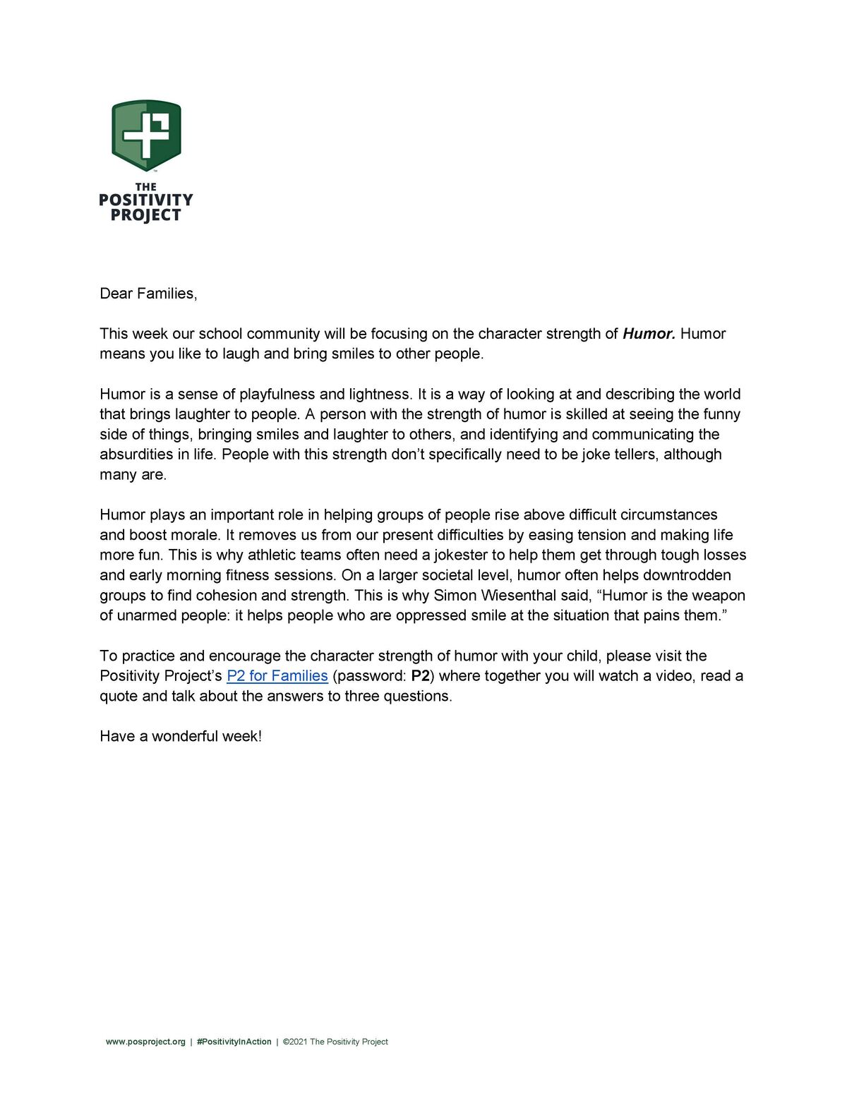 A letter from The Positivity Project introduces the character strength of Humor to families.