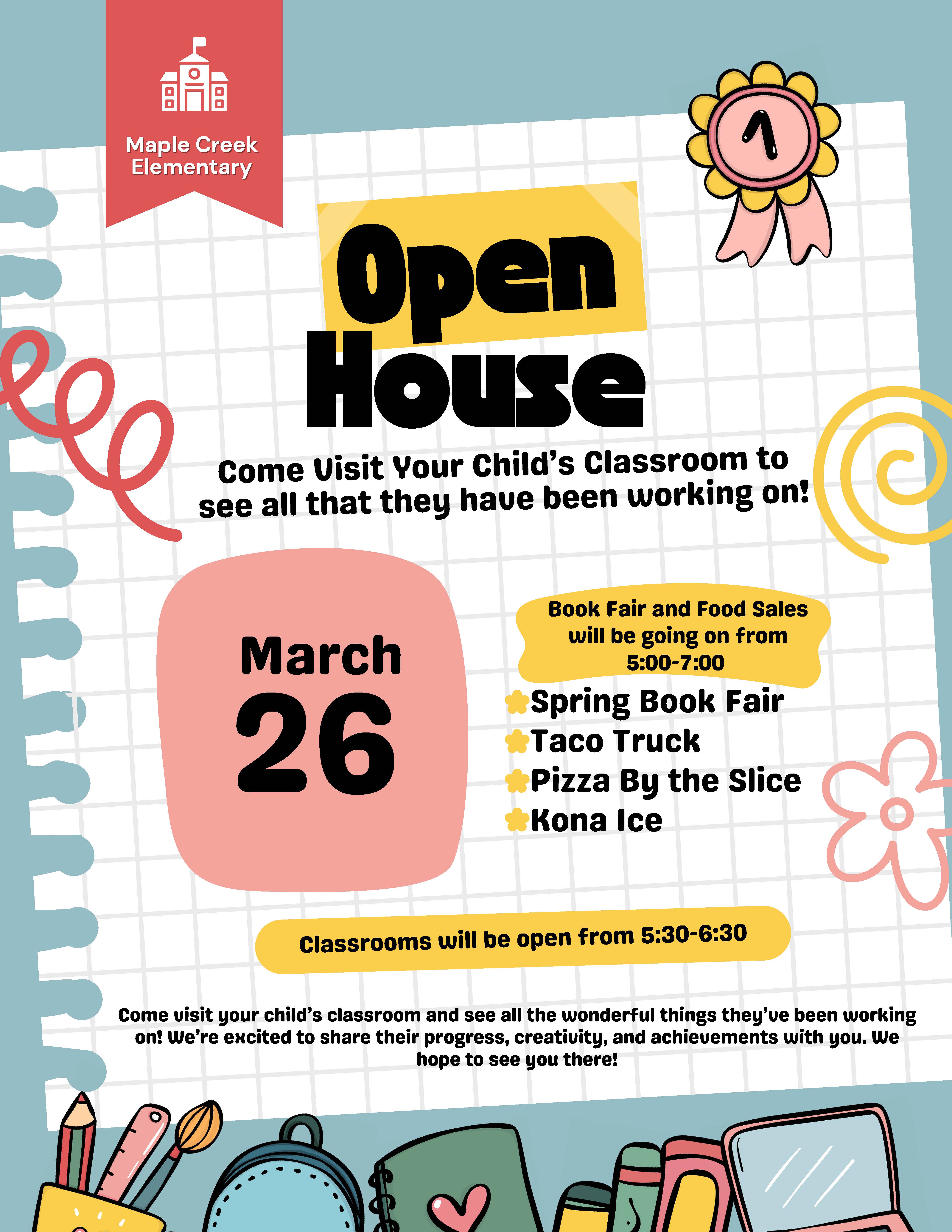 Maple Creek Elementary Open House event poster with date March 26.
