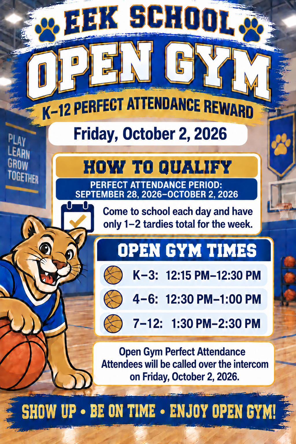Open Gym Attendance Reward for Friday, October 2, 2026 for K-12 Students
