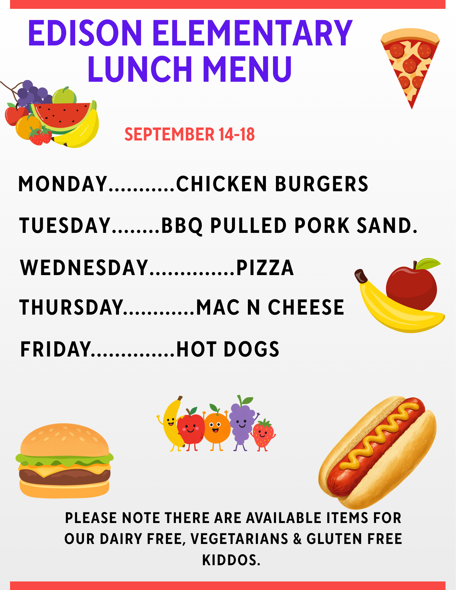Lunch Menu for the week of September 14-18