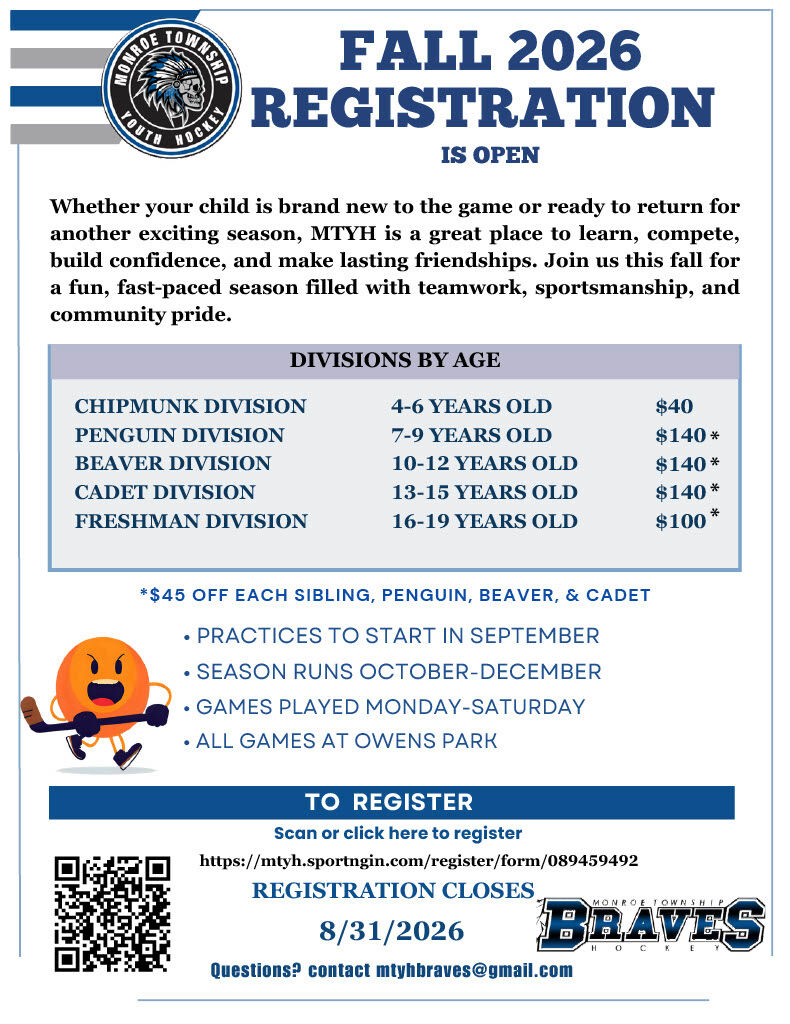 Monroe Township Youth Hockey Fall Registration Open