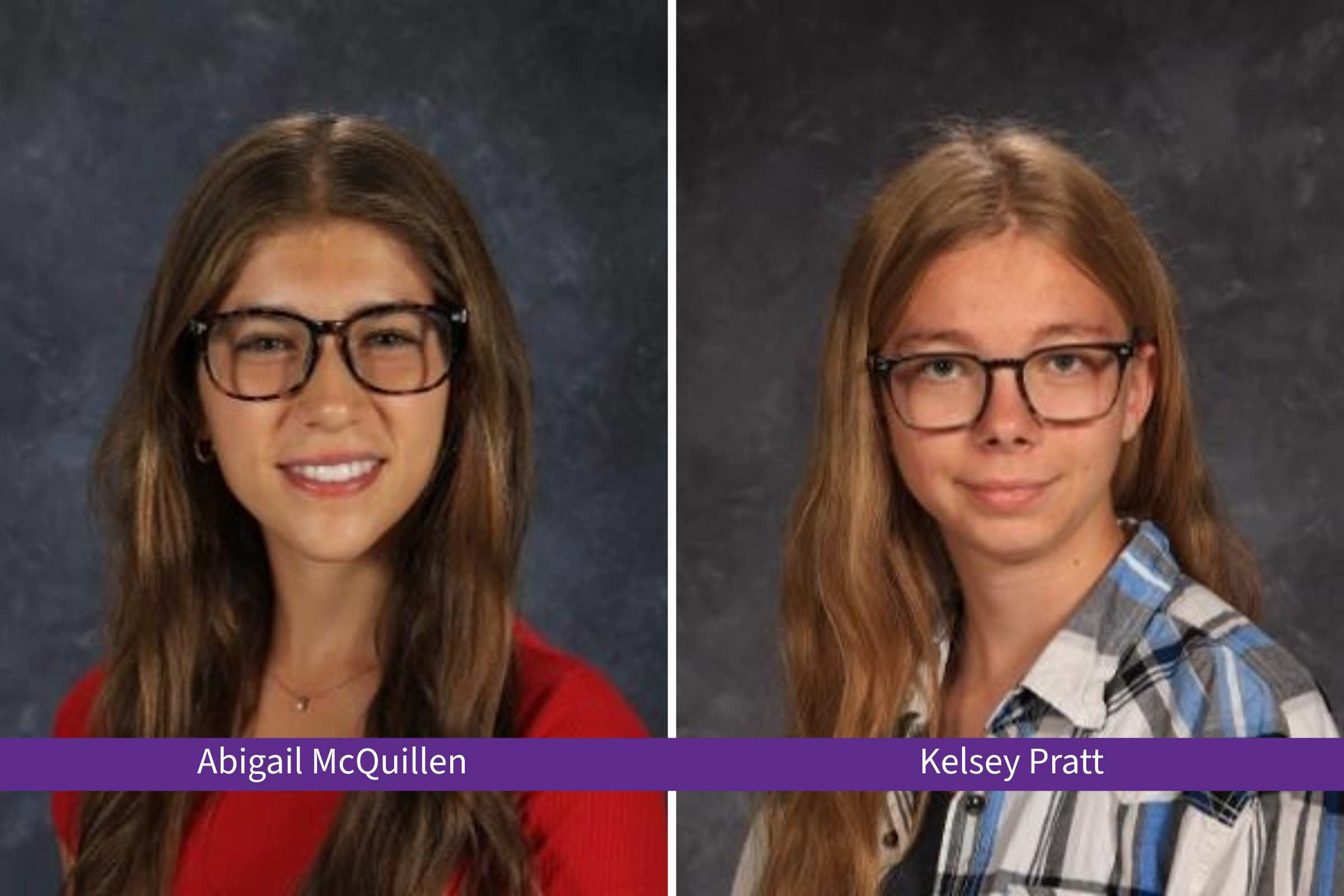 A split image shows headshots of two young women, Abigail McQuillen and Kelsey Pratt, both wearing glasses.
