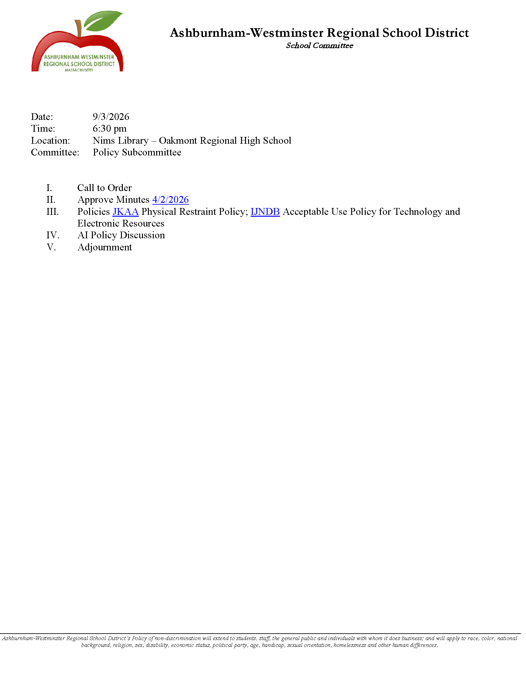 Policy Subcommittee Meeting 9/3/2026