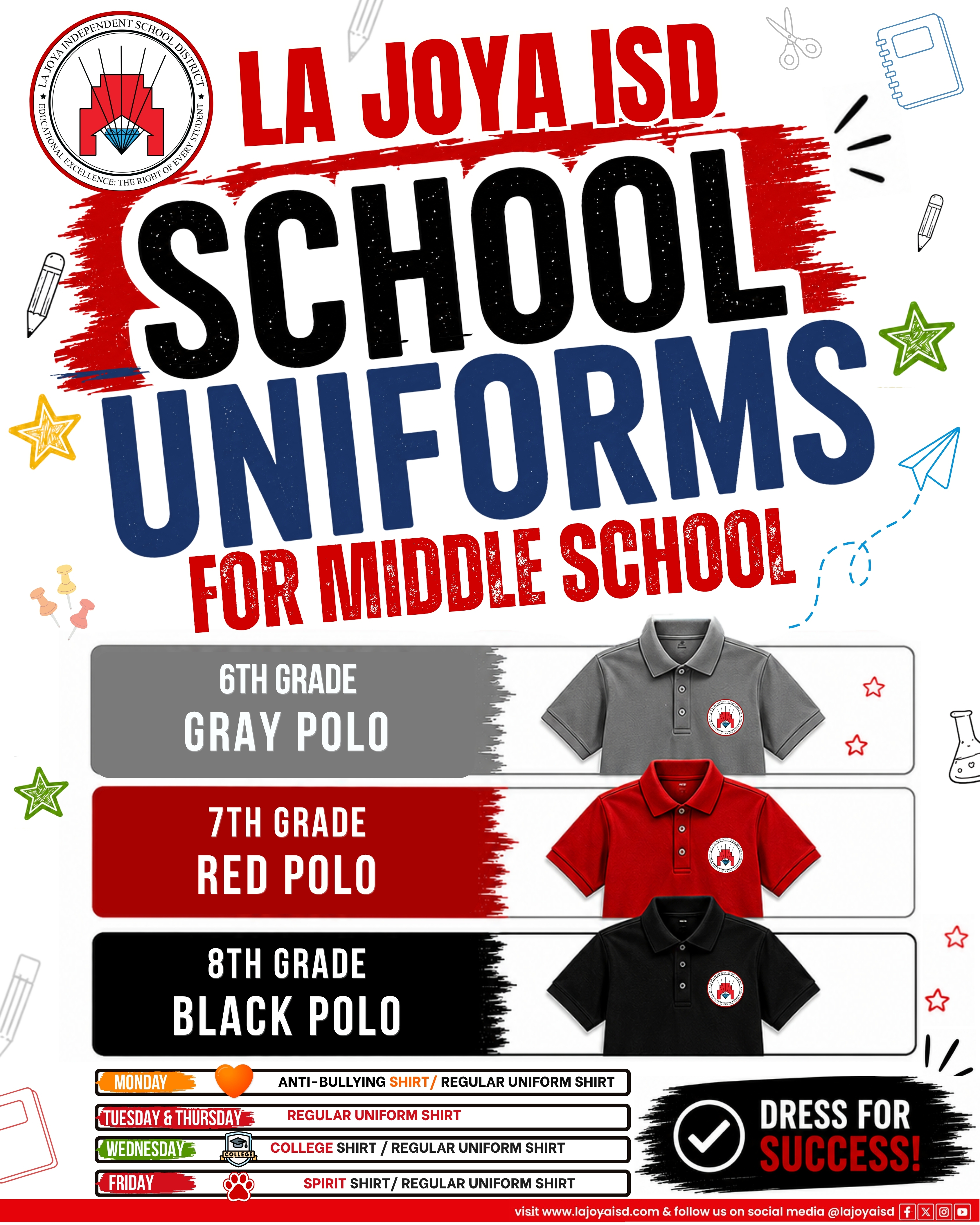 La Joya ISD middle school uniform guide featuring gray, red, and black polo shirts for 6th, 7th, and 8th grades.