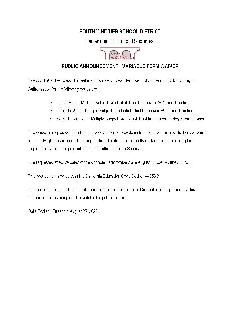 Public Announcement - Variable Term Waiver