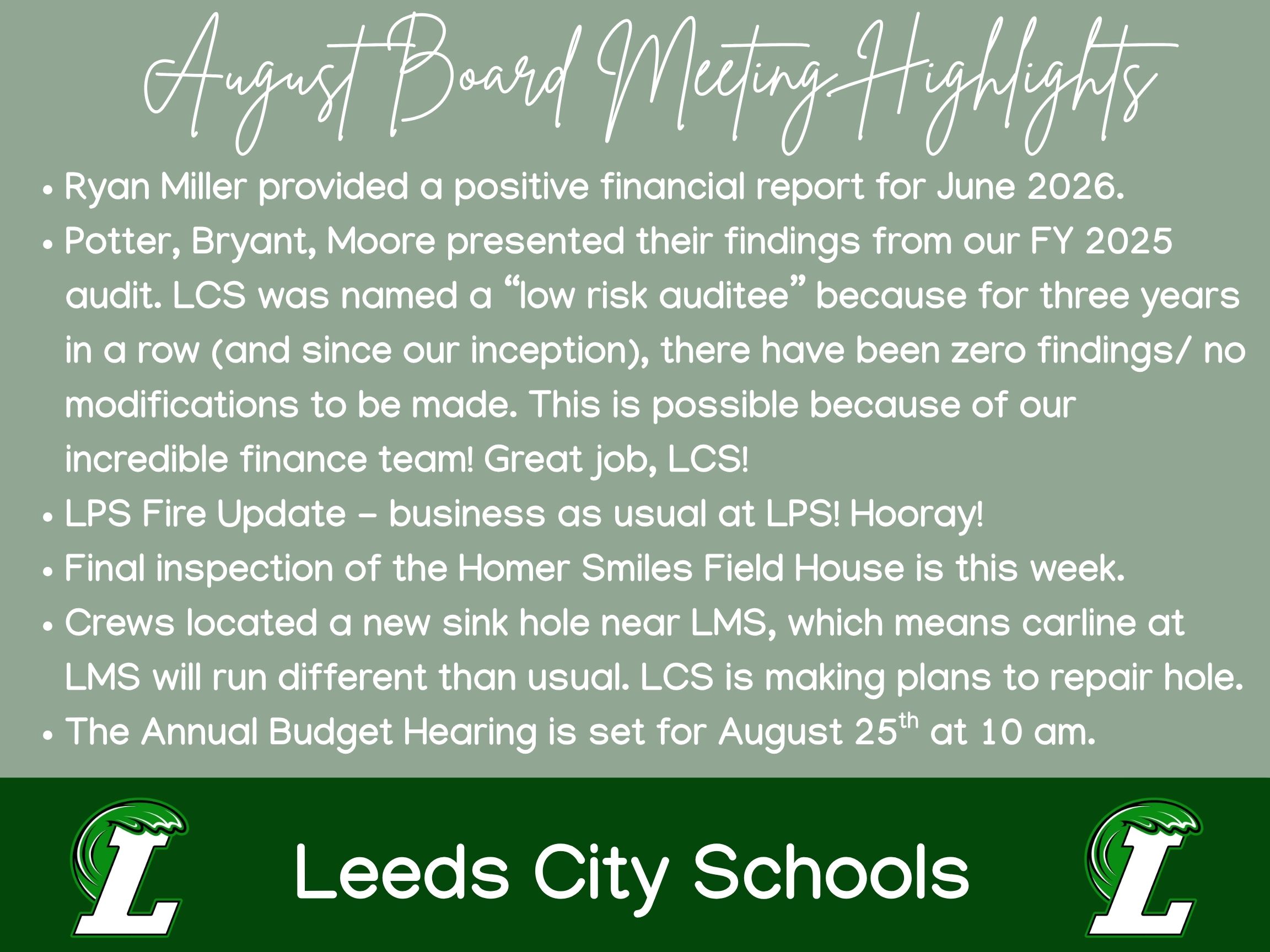 LCS Board Meeting Highlights 8/11/26