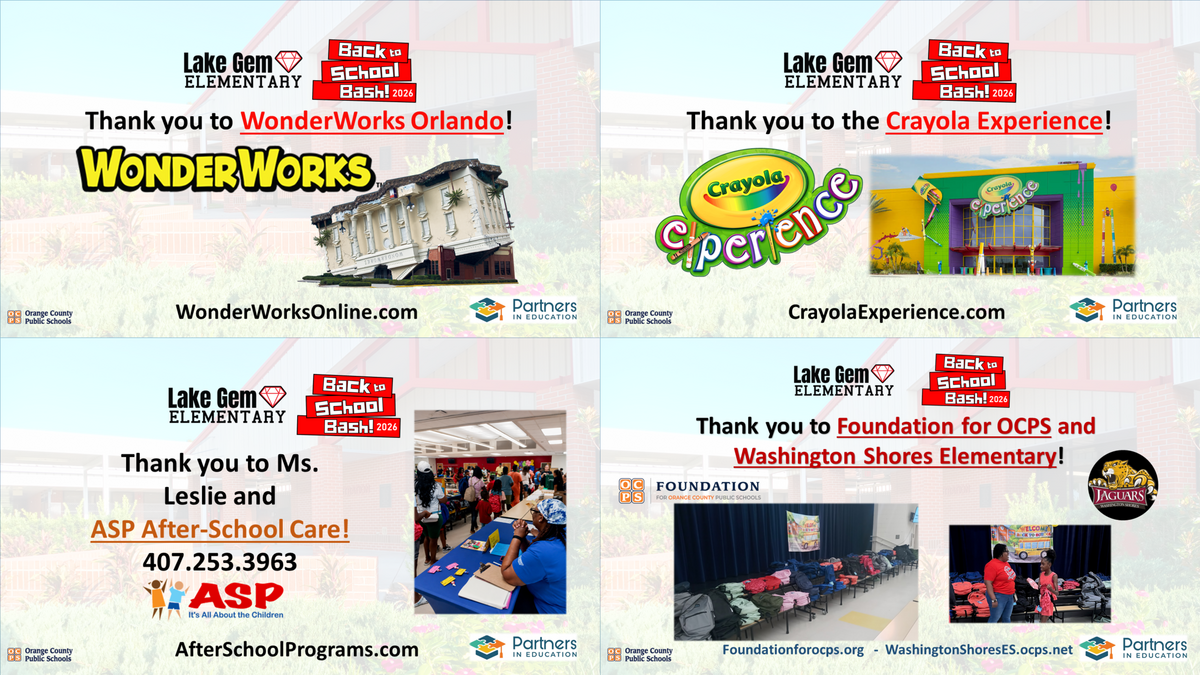 Lake Gem Elementary thanks WonderWorks Orlando for their support of the Back to School Bash 2026.