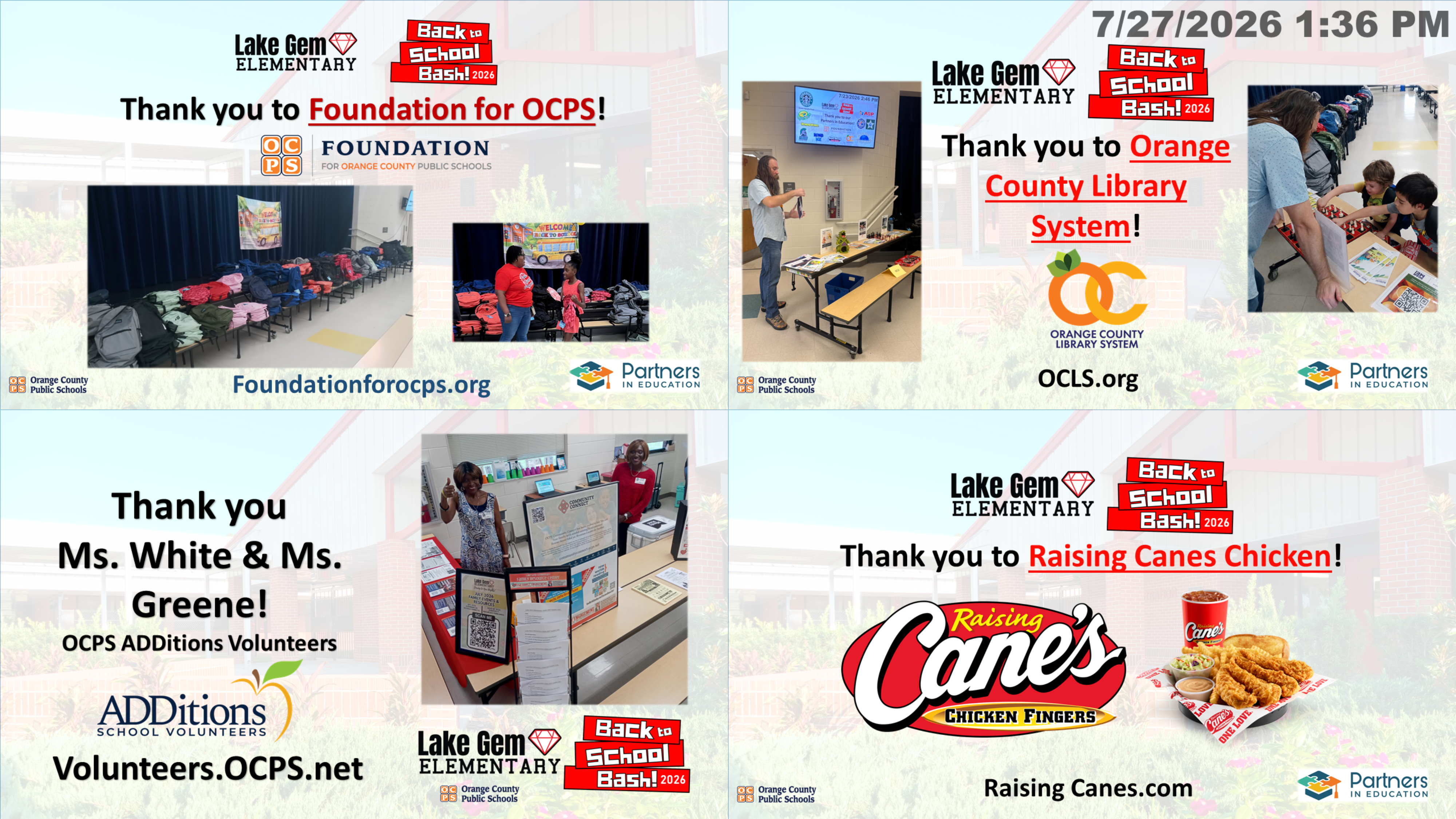 Lake Gem Elementary thanks the Foundation for OCPS for their support, with a photo of donated backpacks.