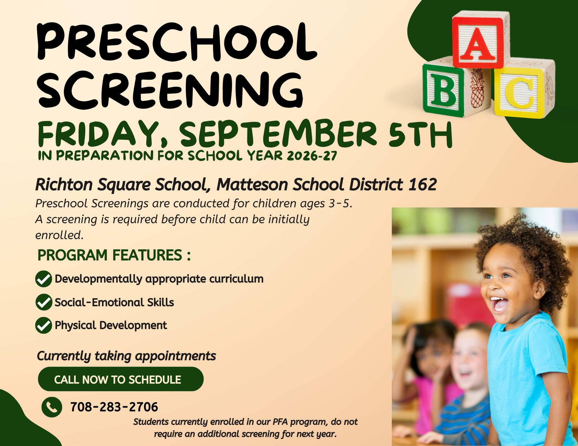 2026-27 Preschool Screening - Friday, September 4th - Call to Schedule an Appointment!