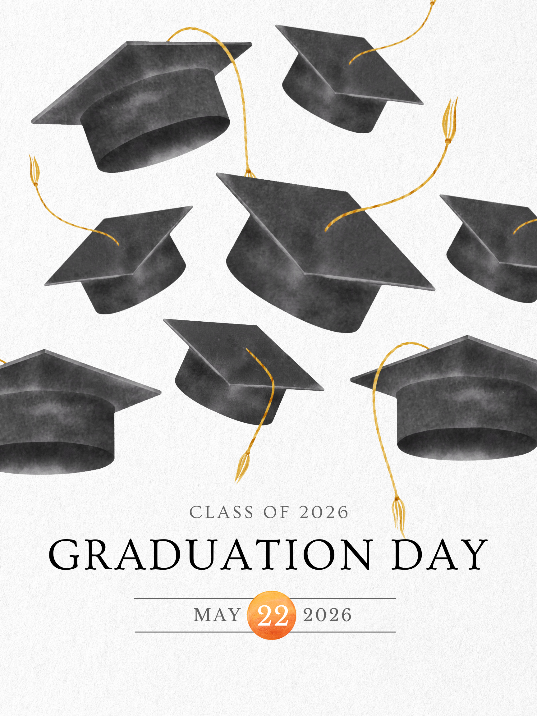 A watercolor illustration of black graduation caps with gold tassels scattered across a white background.