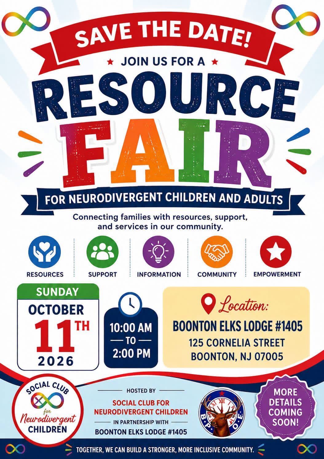 Save the date for a Resource Fair for Neurodivergent Children and Adults on Sunday, October 11th, 2026.