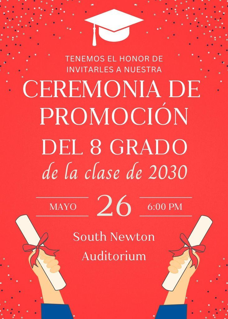 Invitation to an 8th-grade graduation ceremony on May 26th at 6:00 PM in the South Newton Auditorium.