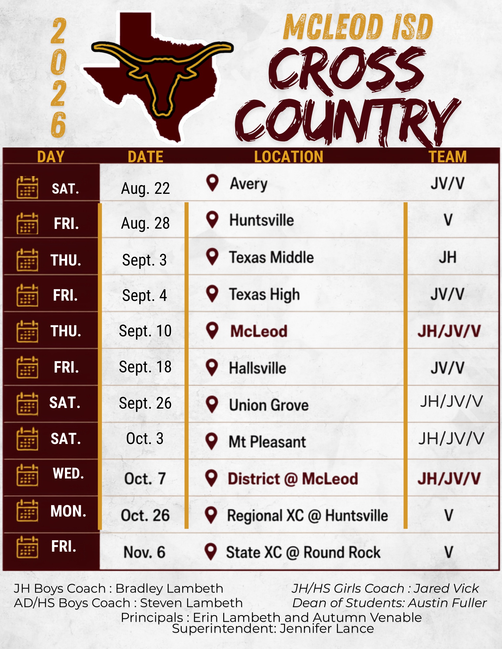 2026 McLeod Cross Country Schedule