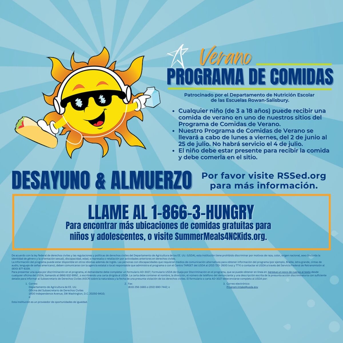 A cartoon sun wearing sunglasses and headphones holds a taco and a milk carton, promoting a summer meal program.