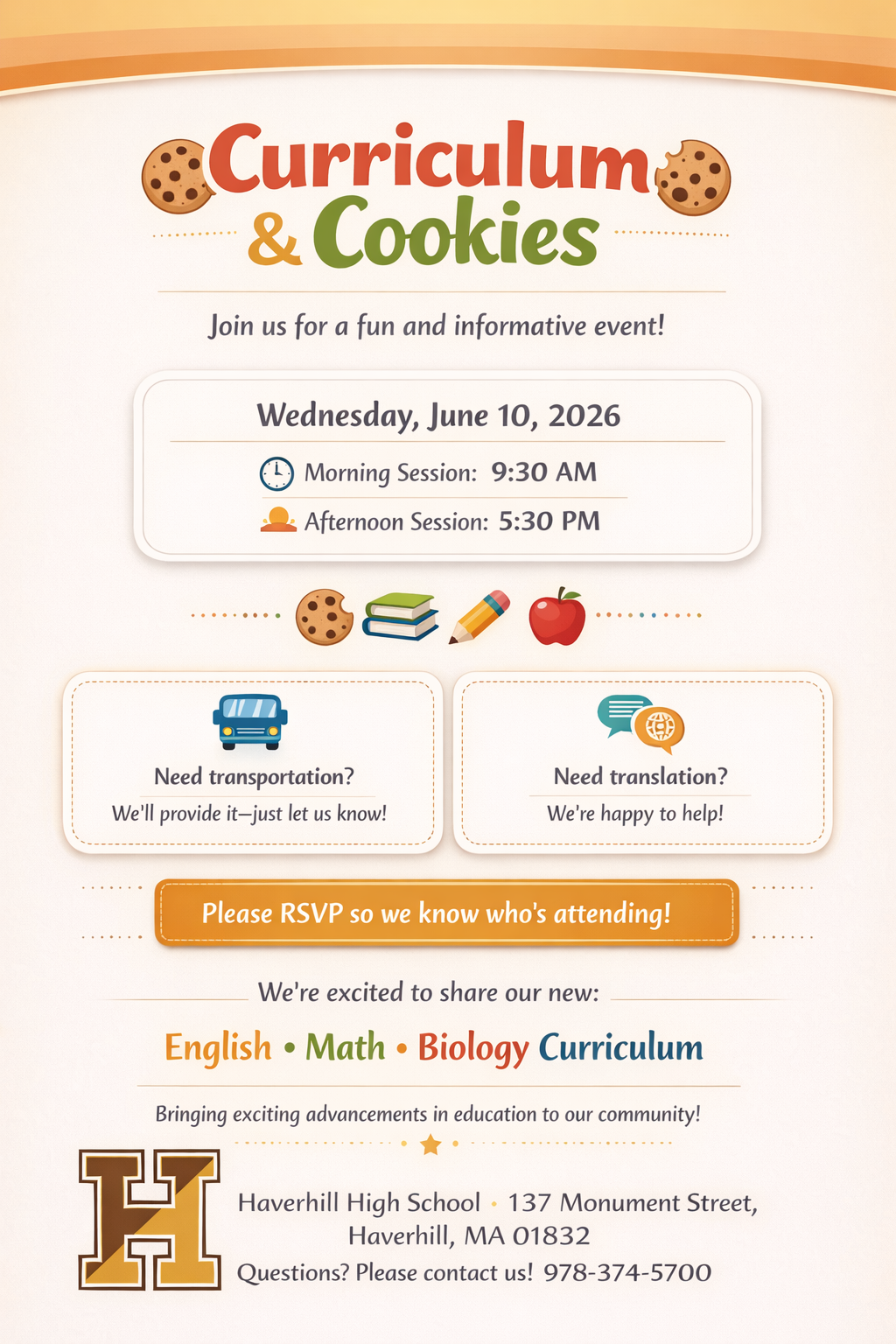 Curriculum and Cookies at HHS on June 10th
