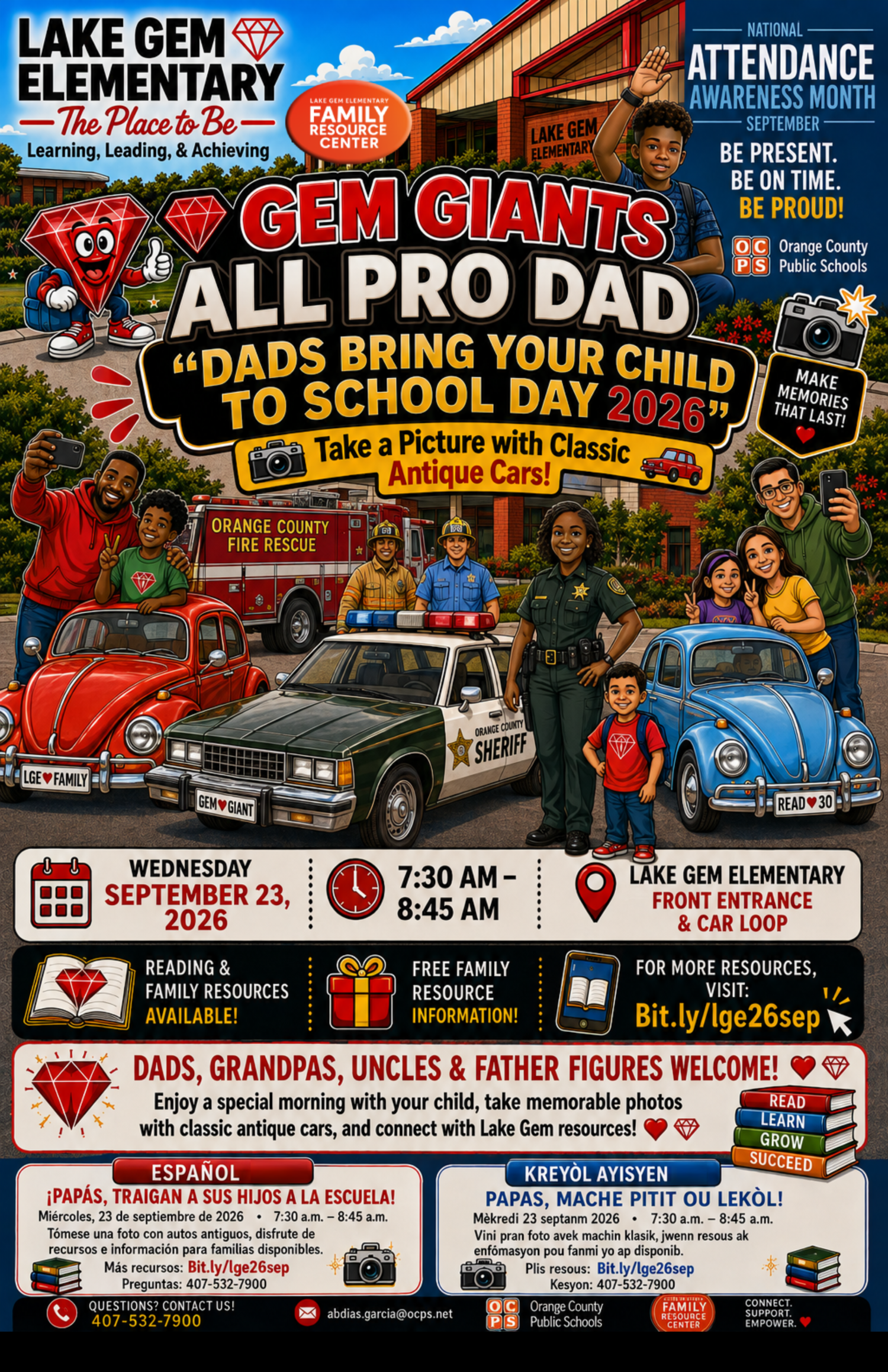LGE All Pro Dad "Dads Bring Your Child to School" Day Family Celebration on Wednesday, September 23, 2026, from 7:30 AM to 8:45 AM. All LGE Families are Invited!