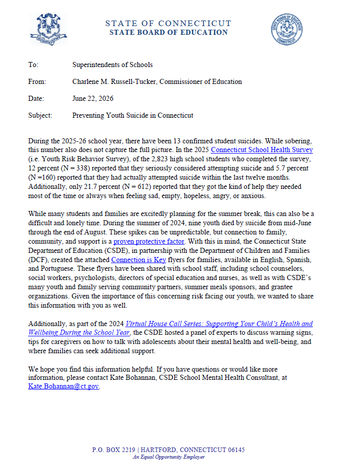 Memo from Commissioner Russell-Tucker: Preventing Youth Suicide in Connecticut 