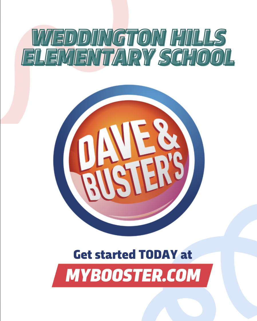 Weddington Hills Elementary School logo with Dave & Buster's branding and MyBooster.com website.