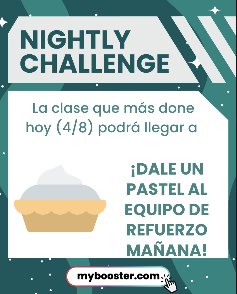A graphic announces a 'Nightly Challenge' with Spanish text about a class donating and a pie icon.