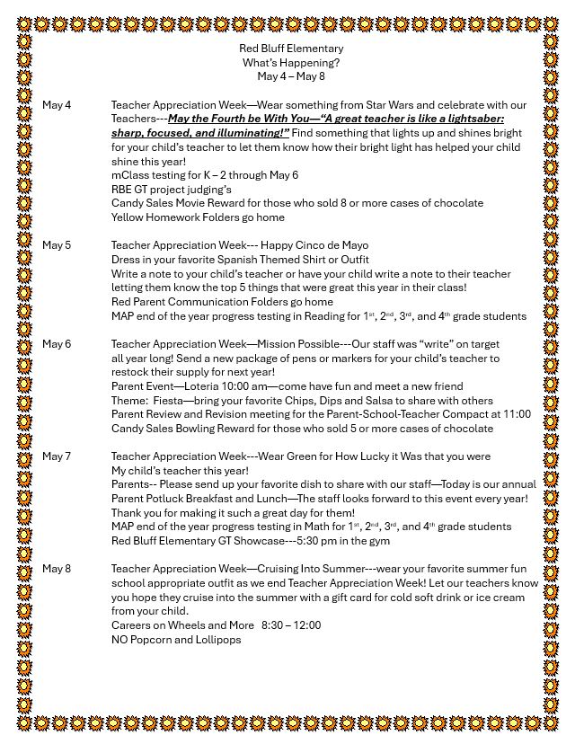 What's Happening at Red Bluff: May 4th - 8th